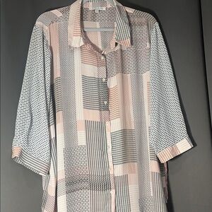 Rose & Olive Geometric Pattern Blouse - Flowy Pink Teal Black - 3x - 3/4 Sleeve